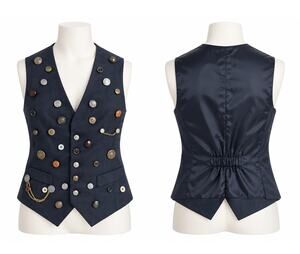 Accessory Lady Vntg Button Embellished Vest XL Gray Plaid Boho Artsy Waistcoat